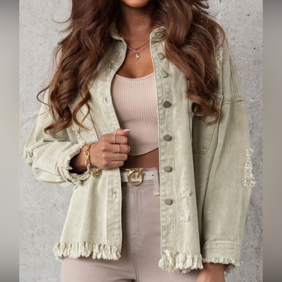 Olive Green Distressed with Frayed Hem Button Down Denim Jacket, Relaxed Fit, M - Picture 2 of 14
